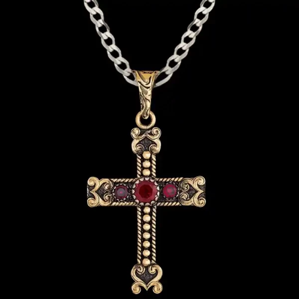 Discover the Esther Cross Pendant Necklace, a unique German Silver cross adorned with floral accents and a custom bronze figure. Pair it with a special discount sterling silver chain today!